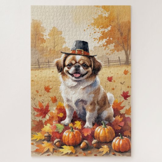 Pekingees in Herfstbladeren Dankbaarheid Kunst Legpuzzel (Verticaal)