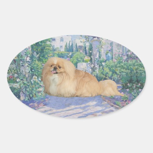 Pekingees in lavendel ovale sticker (Voorkant)