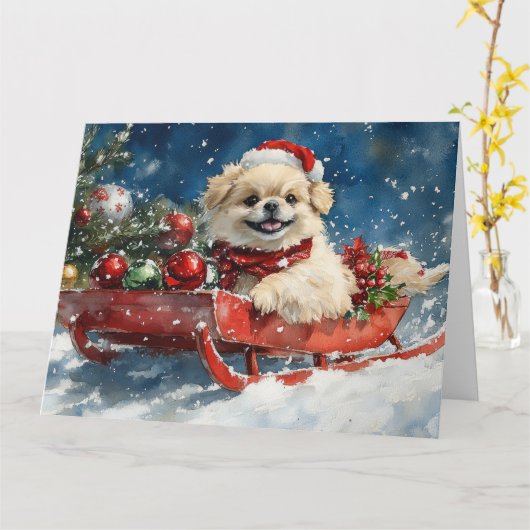 Pekingees in slee Let it Snow Kerstmis Kaart (Gele Bloem)