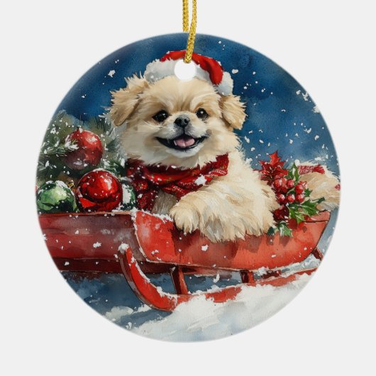 Pekingees in slee Let it Snow Kerstmis Keramisch Ornament (Voorkant)