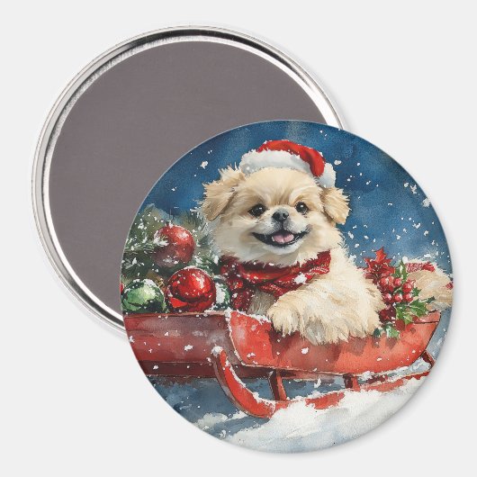 Pekingees in slee Let it Snow Kerstmis Magneet (Voorkant / Achterkant)