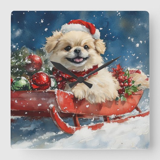 Pekingees in slee Let it Snow Kerstmis Vierkante Klok (Voorkant)