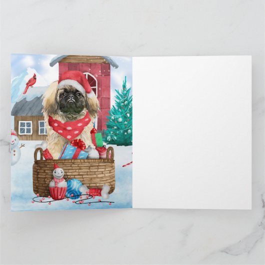 Pekingees in sneeuw Kerstdoggenhuis Kaart (Binnen)