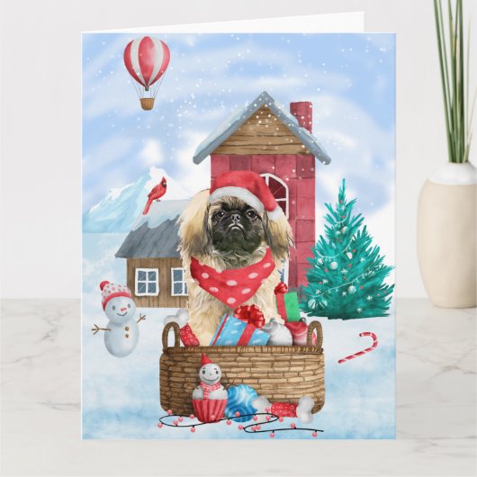 Pekingees in sneeuw Kersthondenhok Kaart (Voorkant)