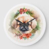 Pekingees Kerstkrans Feestelijke Pup Grote Klok (Voorkant)