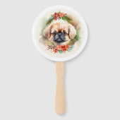 Pekingees Kerstkrans Feestelijke Pup Handwaaier (Achterkant)