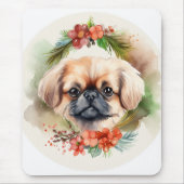 Pekingees Kerstkrans Feestelijke Pup Muismat (Voorkant)