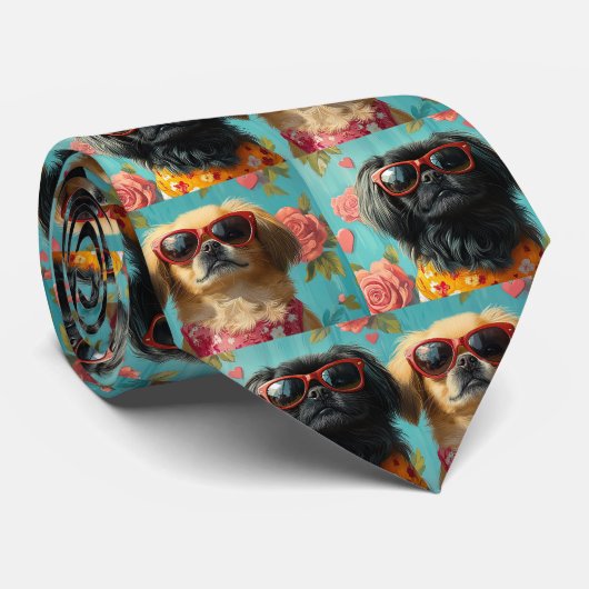 Pekingees Met Hart Rozen Valentijnsdag Stropdas (Opgerold)