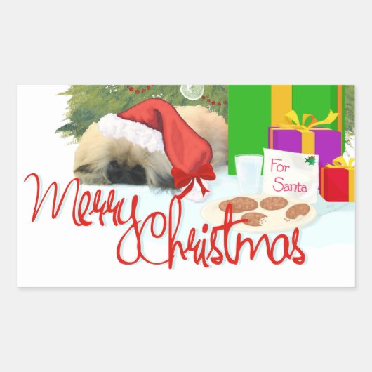 Pekingees Puppy 1e Kerstmis Rechthoekige Sticker (Voorkant)