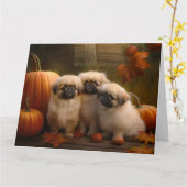Pekingees Puppy Herfst Plezier Pompoen Kaart (Gele Bloem)