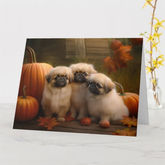 Pekingees Puppy Herfst Plezier Pompoen Kaart (Gele Bloem)