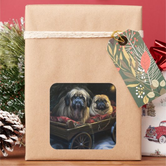 Pekingees Sneeuw Slede Kerst Decoratie  Vierkante Sticker (Feestdagen)