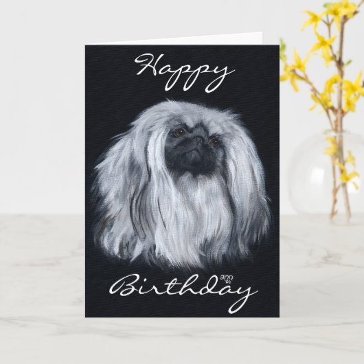 Pekingese Birthday Wenskaart Kaart (Gele Bloem)