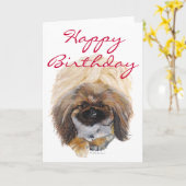 Pekingese Birthday Wenskaart Kaart (Gele Bloem)