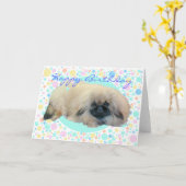 Pekingese Bubbel Geluk Kaart (Gele Bloem)
