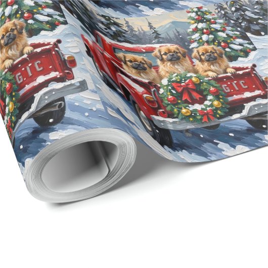 Pekingese Christmas Red Truck Holiday Cadeaupapier (Rol Hoek)