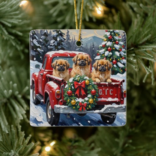 Pekingese Christmas Red Truck Holiday Keramisch Ornament (Boom)