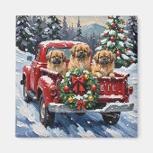 Pekingese Christmas Red Truck Holiday Magneet (Voorkant)