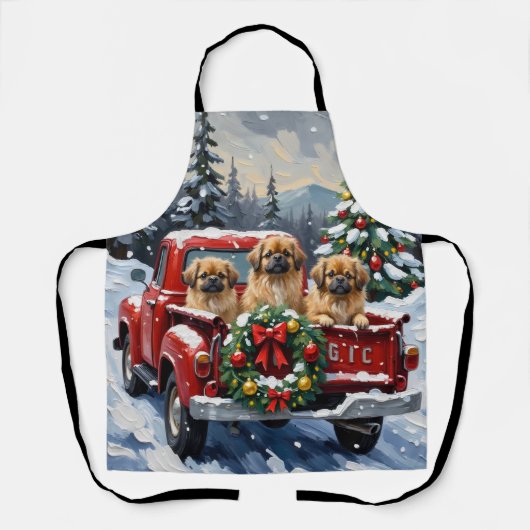 Pekingese Christmas Red Truck Holiday Schort (Voorkant)