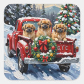 Pekingese Christmas Red Truck Holiday Vierkante Sticker (Voorkant)