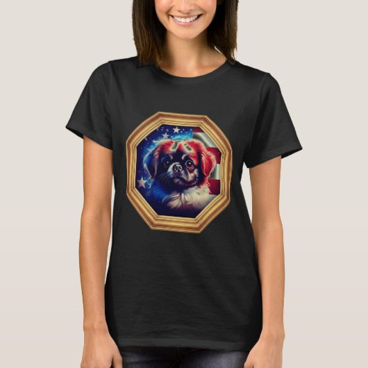 pekingese Dog American Flag Gold Frame T-shirt (Voorkant)