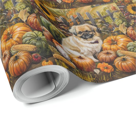 Pekingese Dog Autumn Harvest Thanksgiving Cadeaupapier (Rol Hoek)