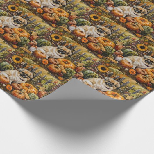 Pekingese Dog Autumn Harvest Thanksgiving Cadeaupapier (Hoek)