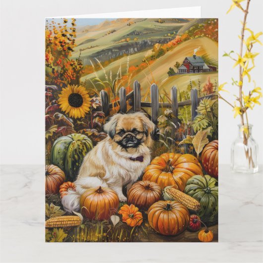 Pekingese Dog Autumn Harvest Thanksgiving Kaart (Gele Bloem)