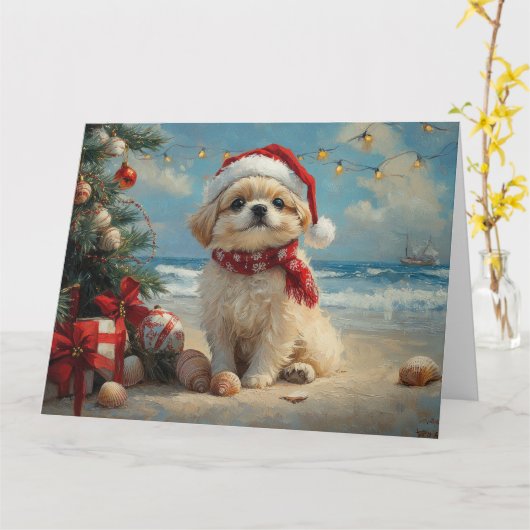 Pekingese Dog Christmas  Beach Kaart (Gele Bloem)