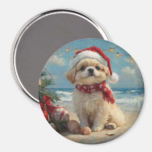 Pekingese Dog Christmas  Beach Magneet (Voorkant / Achterkant)