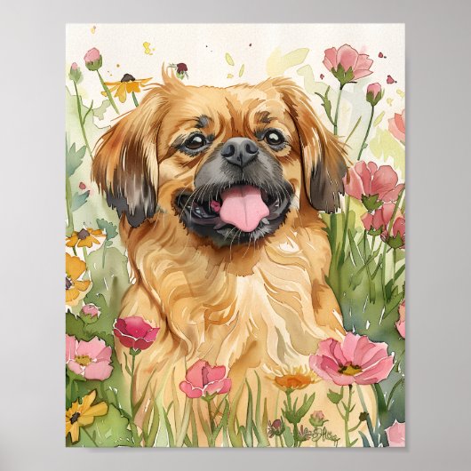 Pekingese Dog Fluffy Waterverf Poster Print (Voorkant)