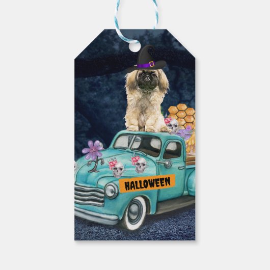 Pekingese Dog Halloween Truck Cadeaulabel (Achterkant)