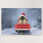Pekingese Dog in sneeuw, met kersttruck Legpuzzel (Horizontaal)