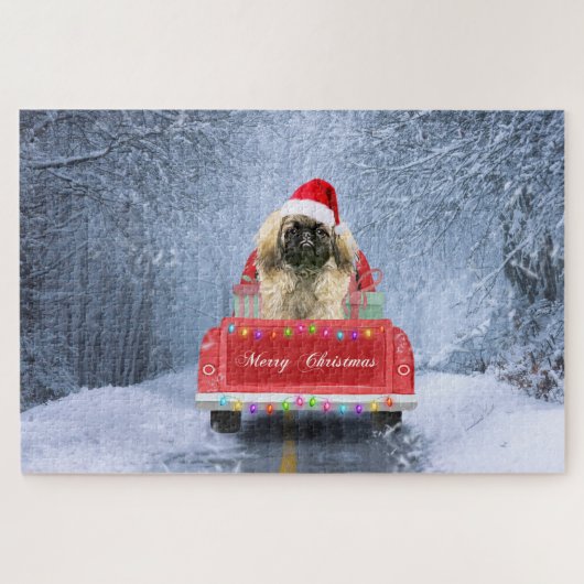Pekingese Dog in sneeuw, met kersttruck Legpuzzel (Horizontaal)