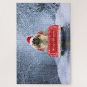 Pekingese Dog in sneeuw, met kersttruck Legpuzzel (Verticaal)