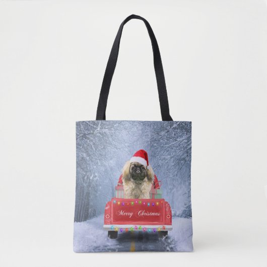 Pekingese Dog in sneeuw, met kersttruck Tote Bag (Voorkant)