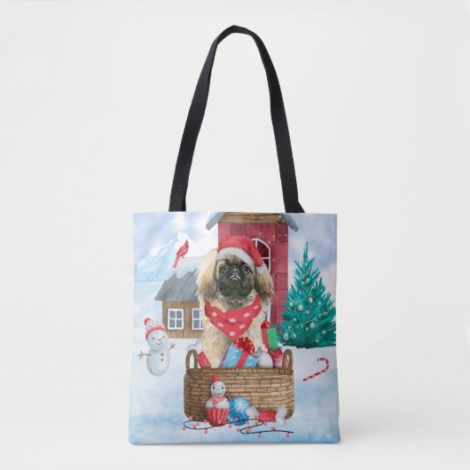Pekingese Dog In snow Christmas Dog House Tote Bag (Voorkant)