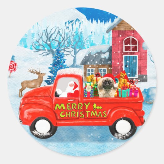 Pekingese Dog kerstaking vrachtwagen sneeuw Ronde Sticker (Voorkant)