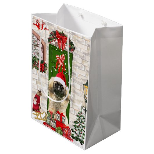 Pekingese Dog kerstcadeau Medium Cadeauzakje (Achterkant Gekanteld)