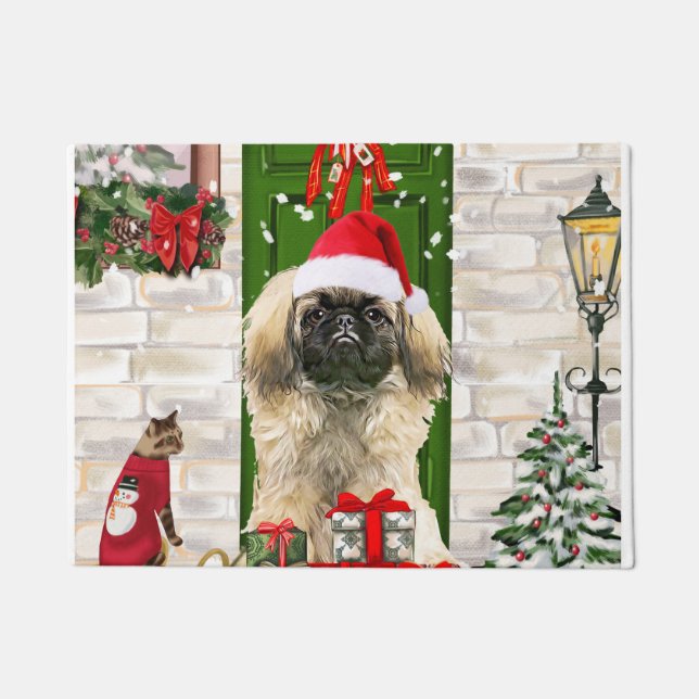 Pekingese Dog Kerstmis Deurmat (Voorkant)