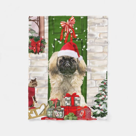 Pekingese Dog Kerstmis Fleece Deken (Voorkant)