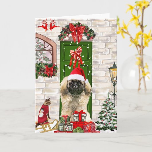 Pekingese Dog Kerstmis Kaart (Gele Bloem)