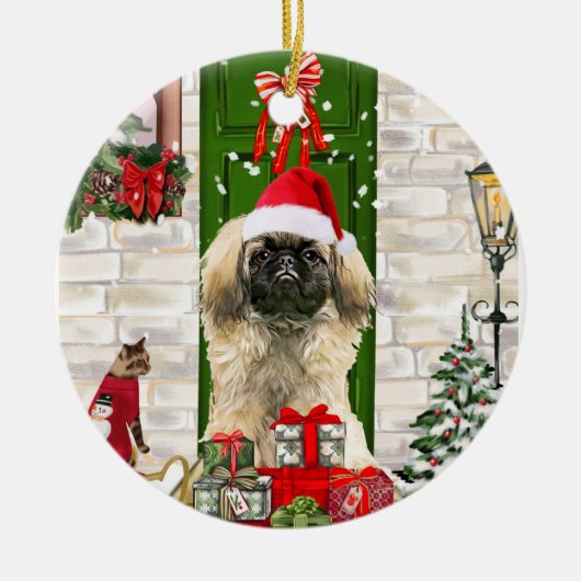 Pekingese Dog Kerstmis Keramisch Ornament (Voorkant)
