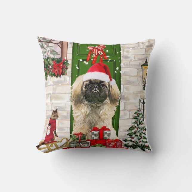 Pekingese Dog Kerstmis Kussen (Voorkant)