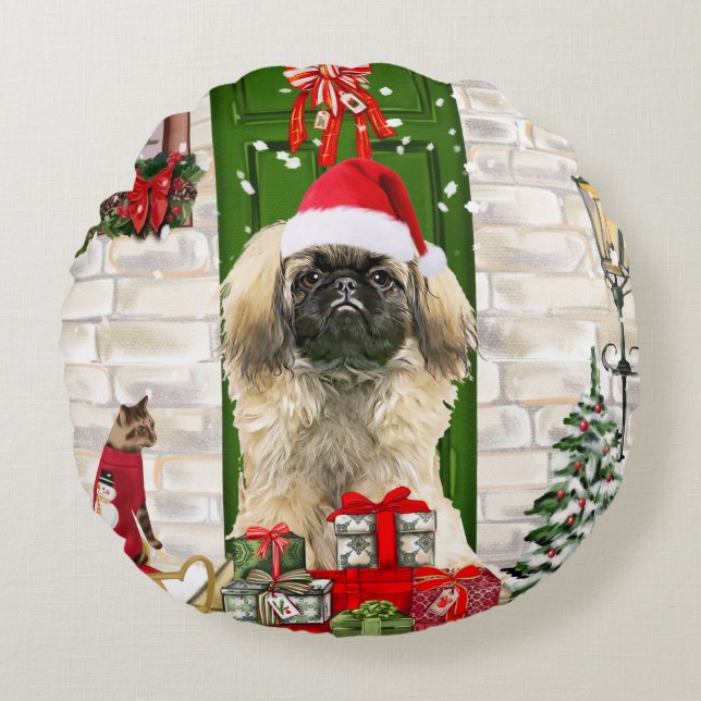 Pekingese Dog Kerstmis Rond Kussen (Voorkant)