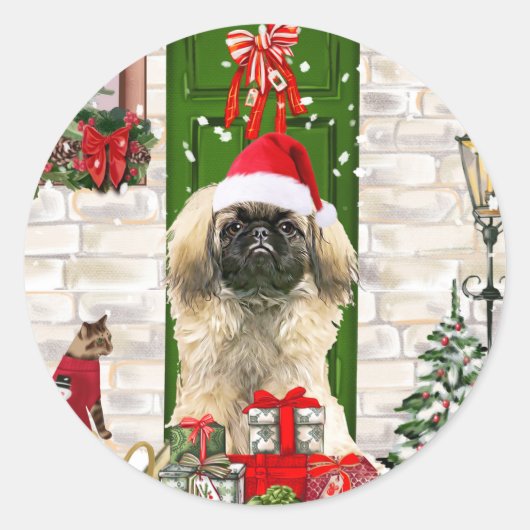 Pekingese Dog Kerstmis Ronde Sticker (Voorkant)