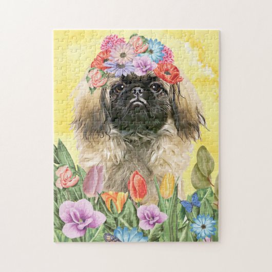 Pekingese Dog met Flowers Spring Legpuzzel (Verticaal)