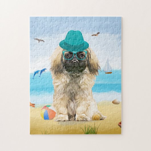Pekingese Dog op strand Legpuzzel (Verticaal)