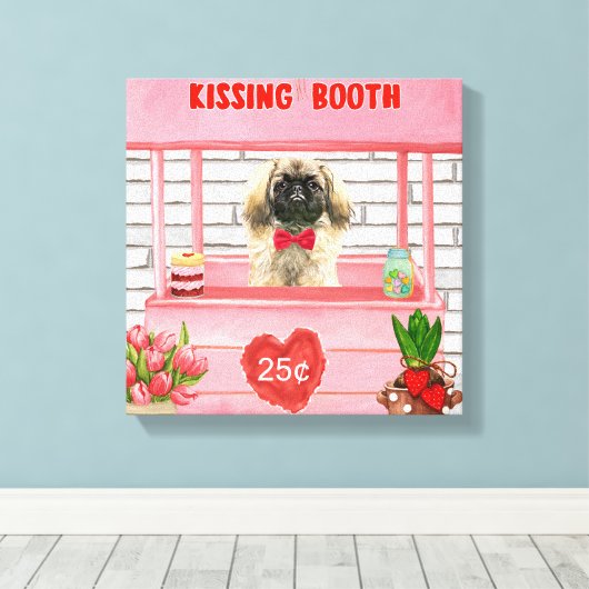 pekingese Dog Valentijnsdag Kissing Booth Canvas Afdruk (Insitu (Houten vloer))