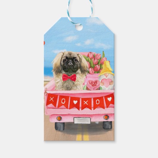 Pekingese Dog Valentijnsdag Truck Hearts Cadeaulabel (Voorkant)